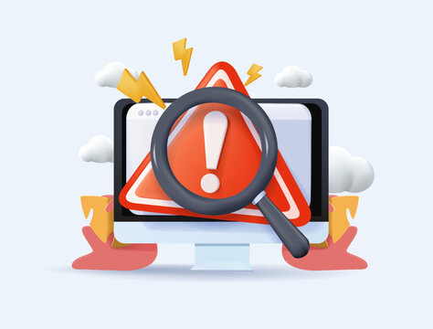 Incident management 3D render vector illustration. Root cause analysis or solving problem, identify risk or critical failure concept, magnifier monitor and investigate incident with exclamation