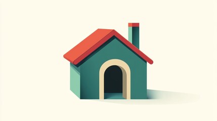 Simple illustration of a teal house with a red roof and chimney, rendered in a low-poly style