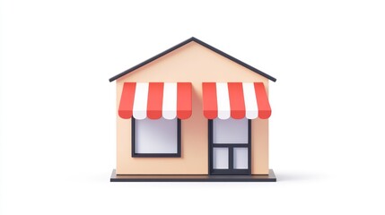 A simple 3D rendering of a small, light beige shop with red and white striped awning