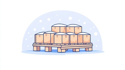 Cardboard boxes stacked on a pallet, covered with snow