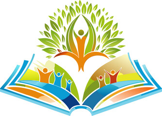 Obraz premium Open Book with Tree of Knowledge and People Celebrating Education and Growth Concept Illustration