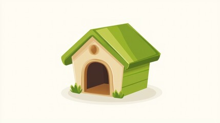 A charming green dog house with a peaked roof, nestled on a small patch of grass
