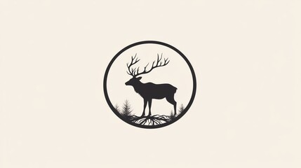 Silhouetted deer in circle, woodland scene