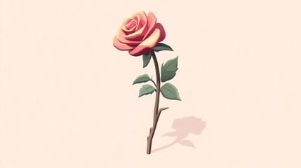 A single, stylized rose with muted pink and yellow hues, rendered in a minimalist, illustrative style against a pale background, casts a soft shadow