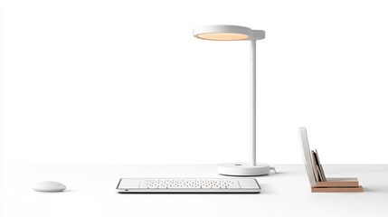 White desk lamp, keyboard, and laptop on a white surface