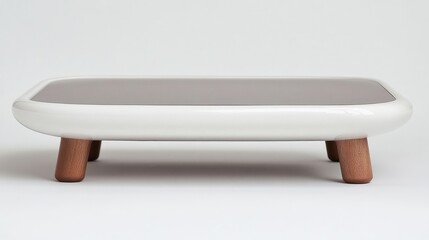 Modern, rectangular coffee table with a muted gray top and rounded edges, supported by light brown legs