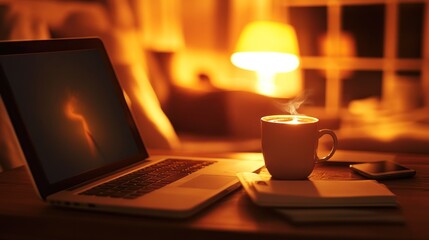 Laptop, coffee, warm light, cozy interior, night