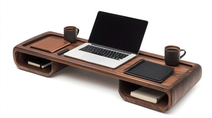 Wooden desk riser with laptop, coffee, and accessories