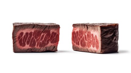 Two rectangular cuts of seared beef, showcasing marbling and texture, are presented against a clean white background