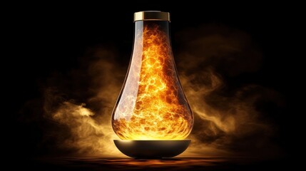 Fiery liquid contained in elegant glass vessel, smoky ambience