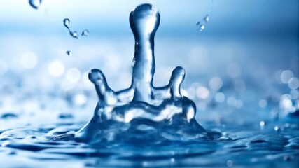 Slow motion footage of water droplets creating splash on the surface in a stunning blue hue - Powered by Adobe