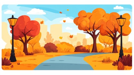 Autumn park scene with pathway, trees, and city in the background