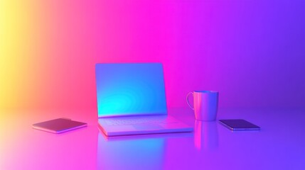 Laptop, phone, and mug on a vibrant gradient surface