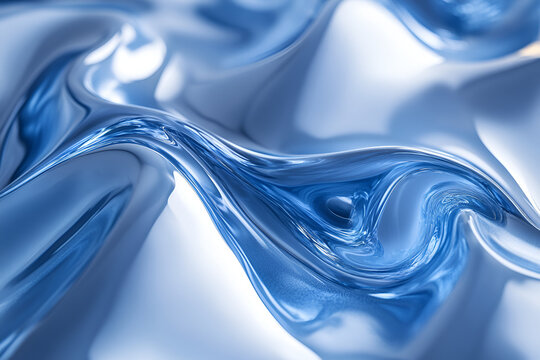Abstract close-up of flowing, reflective, metallic blue liquid or surface with swirling patterns and smooth, undulating forms.