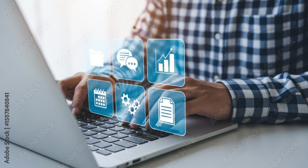 Poster business data analysis management strategy planning technology laptop computer application interface