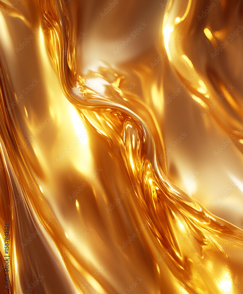 Poster abstract image of flowing, shimmering golden liquid with dynamic curves and highlights, creating a l