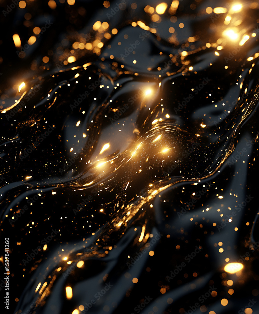 Fototapete Abstract rendering of a dark, fluid surface with golden light particles scattered across its undulating form, creating a shimmering effect.
