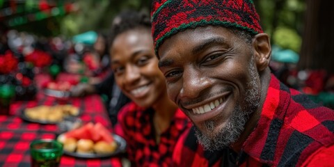 Happy couple enjoying a picnic outdoors on a sunny day, smiling and sharing joy.