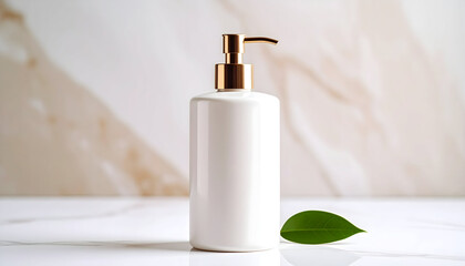 A sleek white pump bottle with a gold top, accompanied by a green leaf on a marble surface.
