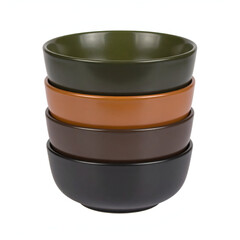 A stack of four colorful bowls in earthy tones, suitable for serving food.