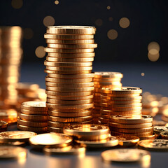 A stack of shiny gold coins with scattered coins in a blurred background.
