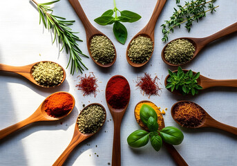 Overhead shot of Mediterranean herbs and spices in rustic wooden spoons on a textured white linen background, soft window light, shallow depth of field.