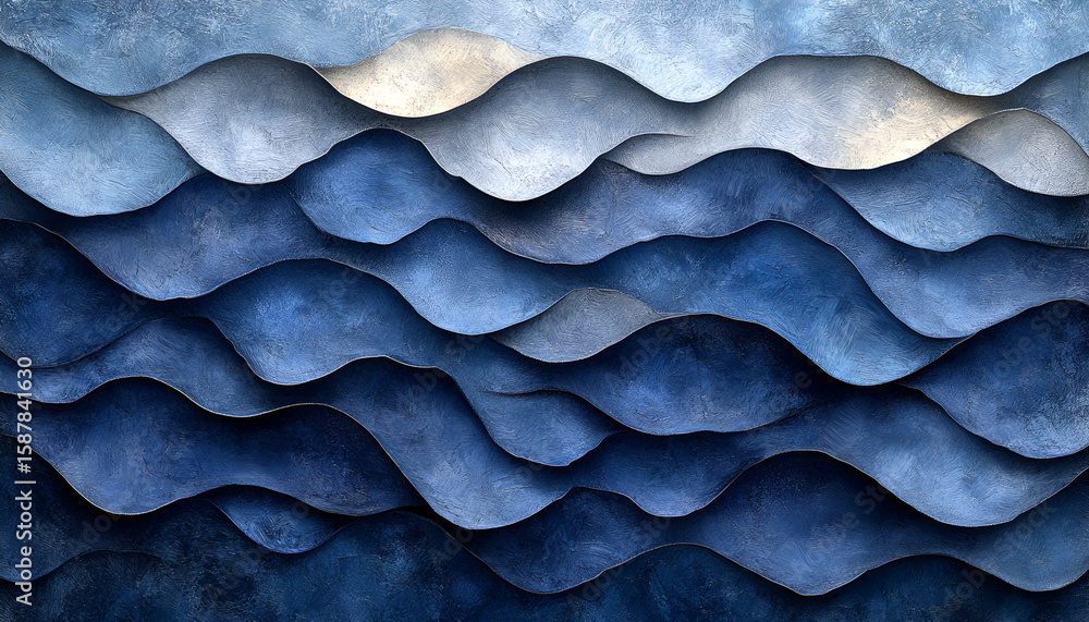 Poster abstract illustration of layered, textured waves in shades of blue, creating a calming and rhythmic 