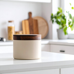 A stylish storage container on a kitchen countertop, enhancing organization and decor.