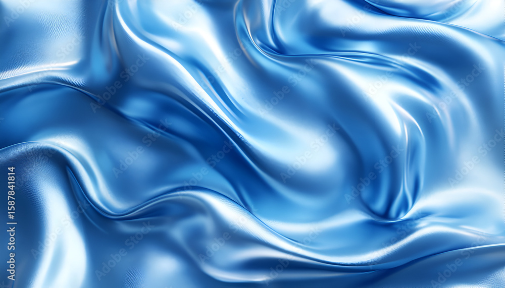 Fototapete abstract rendering of flowing, light blue silk fabric with dynamic folds and highlights creating a s
