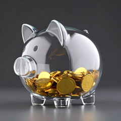 A transparent piggy bank filled with golden coins, symbolizing saving and finance.