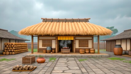 Traditional Asian village with rustic buildings and cooking activity at dusk under a cloudy sky