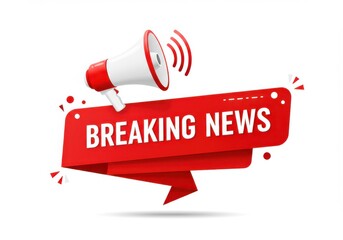 Megaphone announcing breaking news on a red banner with white text and sound waves