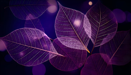 A visually striking arrangement of translucent purple leaves against a dark background.