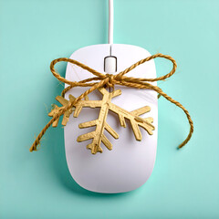 A white computer mouse adorned with a snowflake ornament and twine on a teal background.