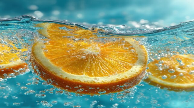 Fresh orange slices float in clear water with bubbles against a vibrant blue background, creating a refreshing and invigorating scene.