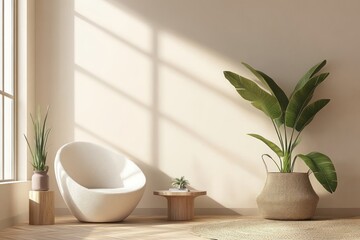 Fototapeta premium Organic-inspired modern room with indoor plant, cozy minimalist decor and space