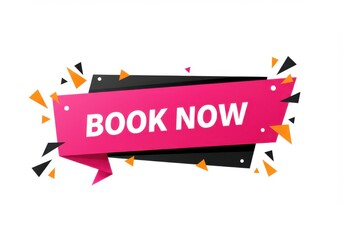 Dynamic pink and black banner with book now text and geometric accents
