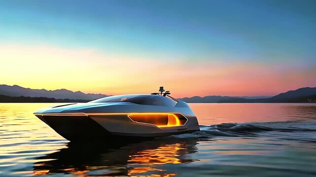 A modern boat on a calm body of water during sunset. The sky is painted with warm hues of orange and pink, and the boat's design is contemporary and luxurious.