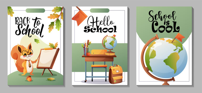 Vector design set with cartoon squirrel, school desk, globe, whiteboard and autumn leaves. Ideal for back to school themed flyers or children education