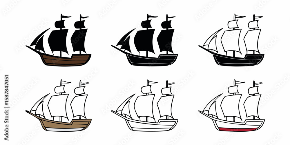 Poster collection of sailing ship illustrations in various styles and color combinations on a white backgro
