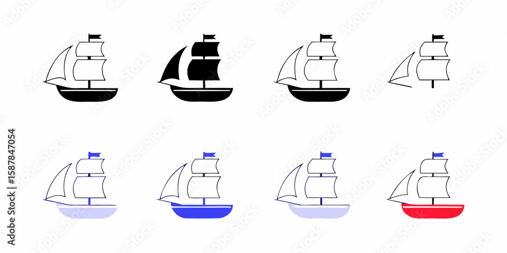 Poster set of simple ship icon variations in black blue and red on a white background for design elements