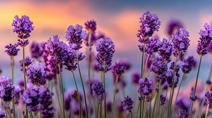 Obraz premium Close-up of vibrant lavender flowers in bloom against a colorful sunset sky, showcasing nature's beauty and tranquility.