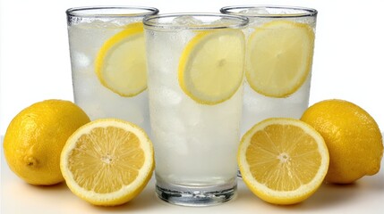 Three glasses of refreshing lemonade with ice and lemon slices, surrounded by fresh whole and halved lemons on a white background.