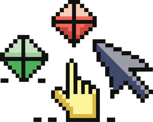 Collection of pixelated cursor icons including a hand pointer and arrow
