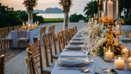 Decoration dinner set up in Thailand and tropical wedding set upWedding decor table set up candle catering dinner dish luxury event. Close up Festive fine setting white table row chair flower See Less