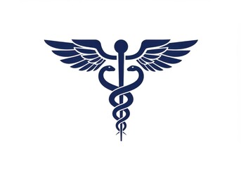 Classic caduceus symbol featuring two snakes and wings in dark blue