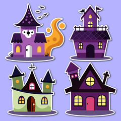 Four Cartoon Haunted Houses in Different Styles Isolated on a Light Purple Background collection