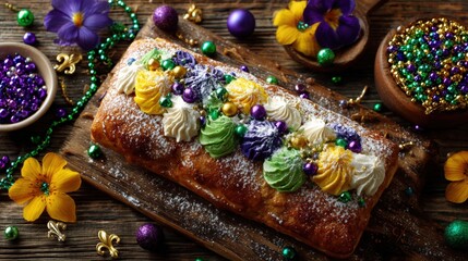 Festive King Cake adorned with colorful icing and beads, surrounded by Mardi Gras decorations on a rustic wooden table.