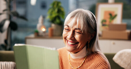 Elderly woman, happy and tablet in home with ebook, funny story and social media connection. Senior...
