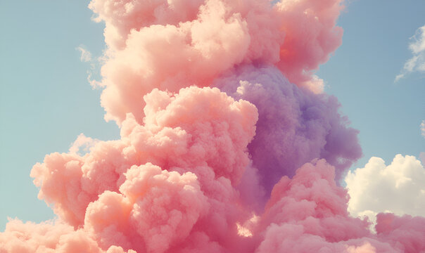 A vibrant explosion of pink and purple smoke against a bright blue sky with scattered clouds.